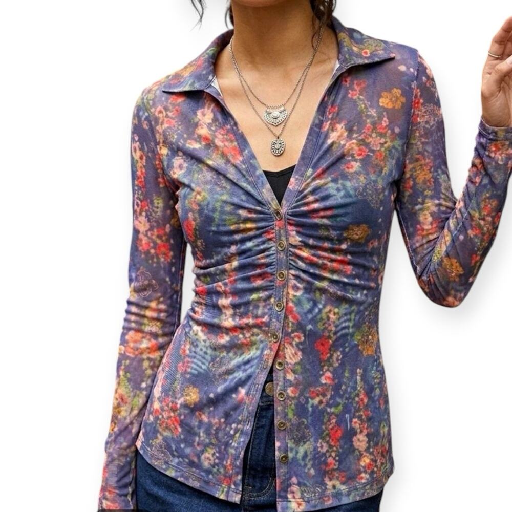 NWT Natural Life Blue Floral Sheer Mesh Button Front Ruched Shirt Size XS